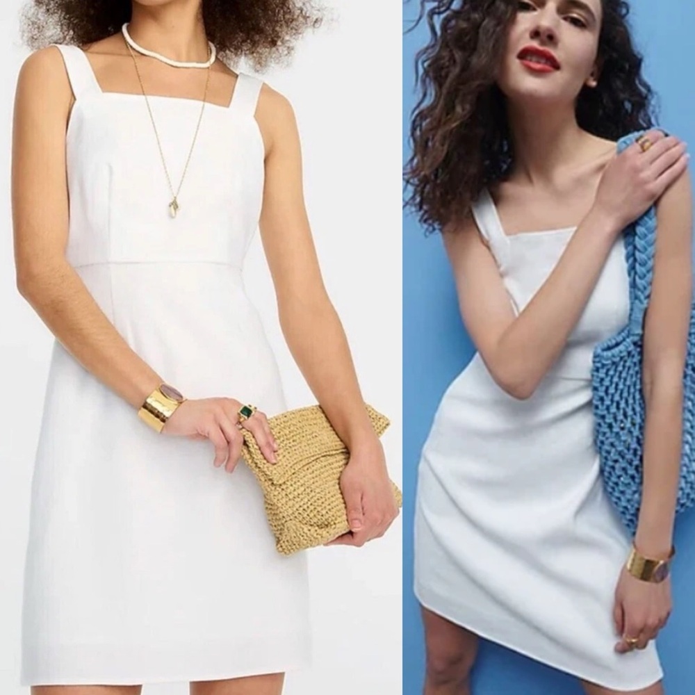 J. Crew Square Neck A Line Dress Stretch Linen Blend White Size 14 Mini Resort